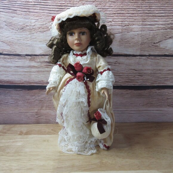 Collector’s Choice Porcelain 12" Doll Cream & Red Victorian Style Dress - Picture 2 of 9